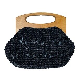 Vintage 1960's Black Raffia and Wooden Double Handle Frame Clutch Handbag